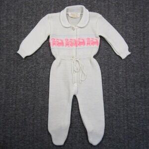 Vtg‎ Coveralls Pajama Baby 9-12M Pink Trains Button Down Hand Knit Made in Japan